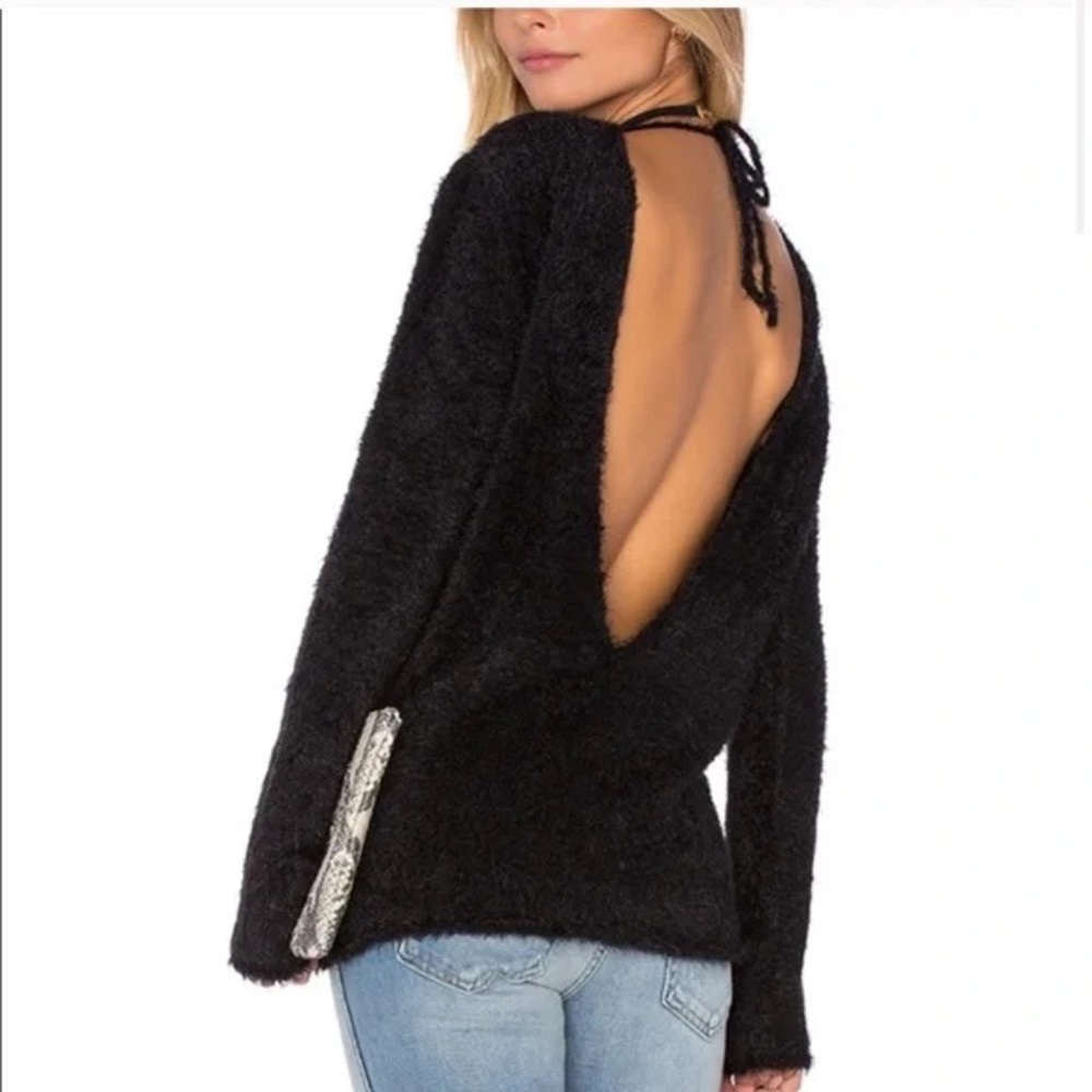 ANINE BING Open Back Fuzzy Knit Sweater Black